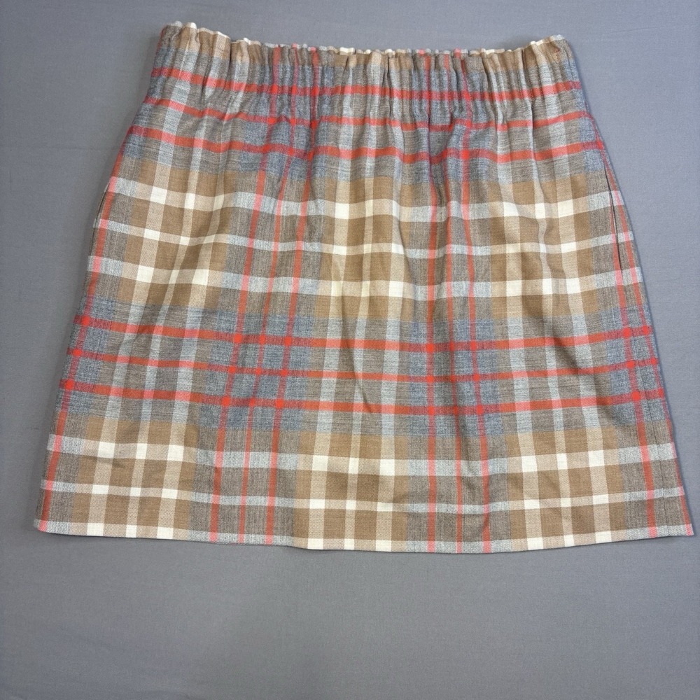 J. Crew Size 8 Plaid Tan Wool Blend Elastic Waist Mini Skirt Preppy Chic